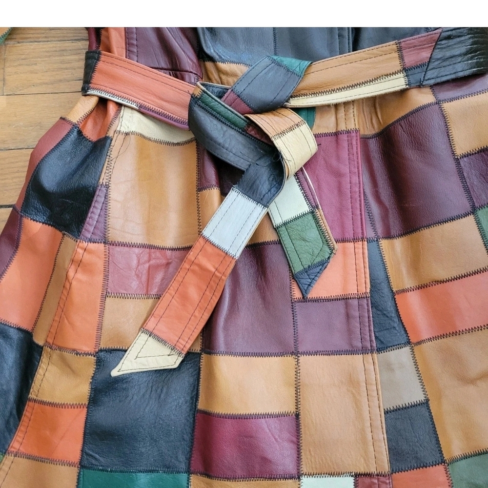 70s Patchwork Leather Mid Length Trench Wrap Jack… - image 2